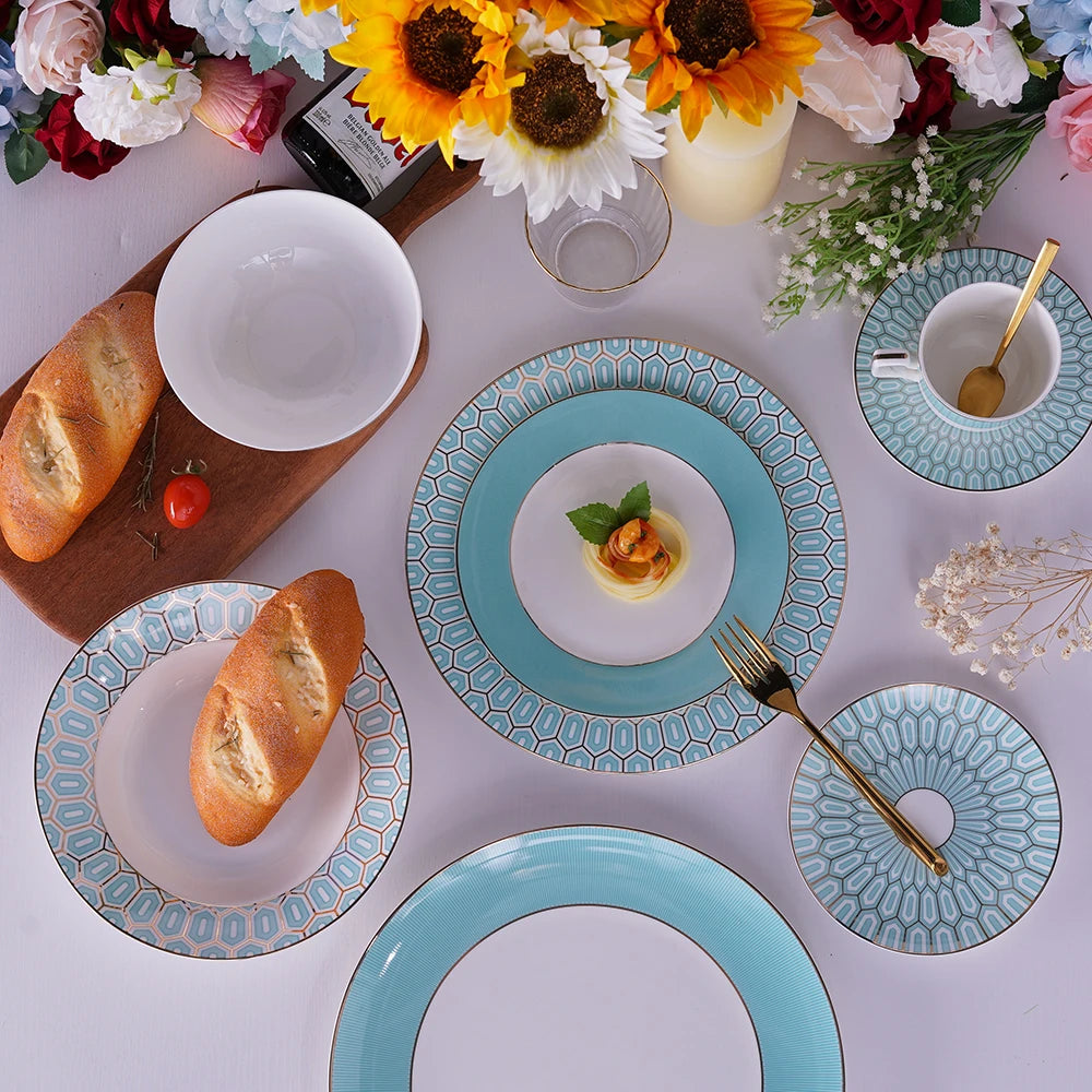 Wholesale Dinnerware Sets Royal Porcelain White Gold Rim Dinner Plates Set Bone China Bowl Cup Saucer for Home Restaurant