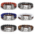 2Pcs a Set Gemstone Bead Stretch Bracelet Silver Dragon Head Bangle for Men Leather Bracelet for Couple Black Lava Stone Jewelry