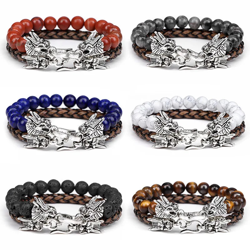 2Pcs a Set Gemstone Bead Stretch Bracelet Silver Dragon Head Bangle for Men Leather Bracelet for Couple Black Lava Stone Jewelry