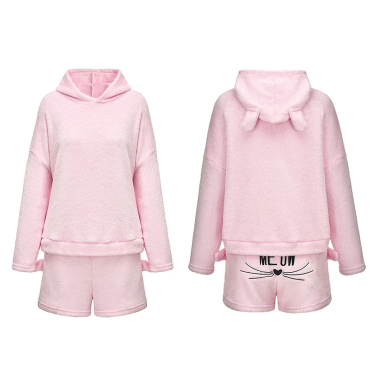 Ecowalson Cute Pajama Sets for Women Winter Hooded Sleepwear Flannel 2 Pcs Pyjama Suits Femme Cartoon Cat Pijama Feminino