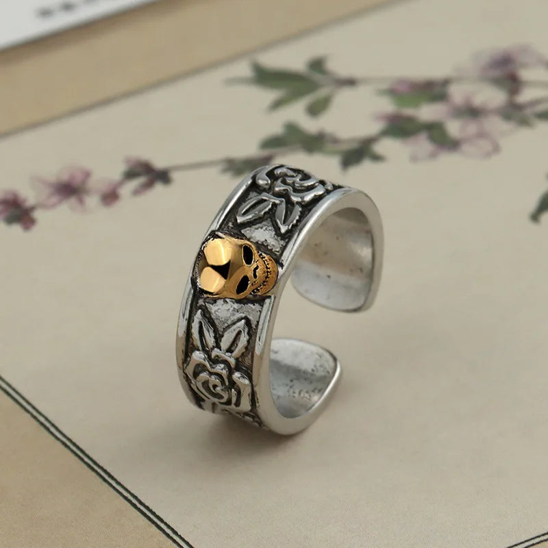 Retro Thai Silver Plated Skull Ring Feng Shui Brave Troops Wealth Lucky Carving Open Adjustable Rings Jewelry for Women Men