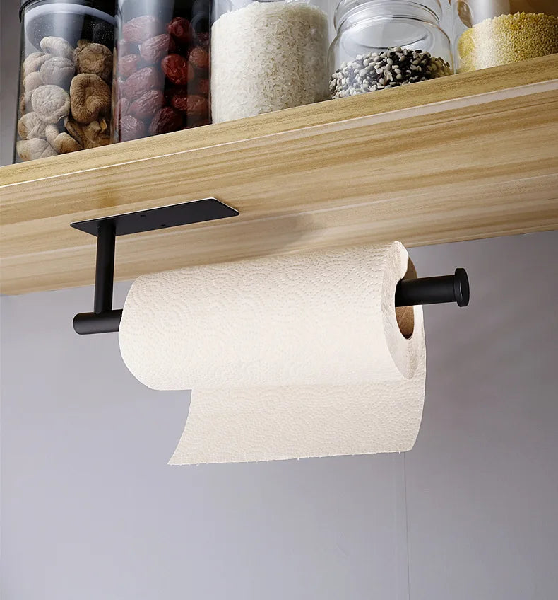 Modern Black Stainless Steel Kitchen Towel and Toilet Tissue Paper Roll Holder with Screw Fixing System for Bathroom Accessories