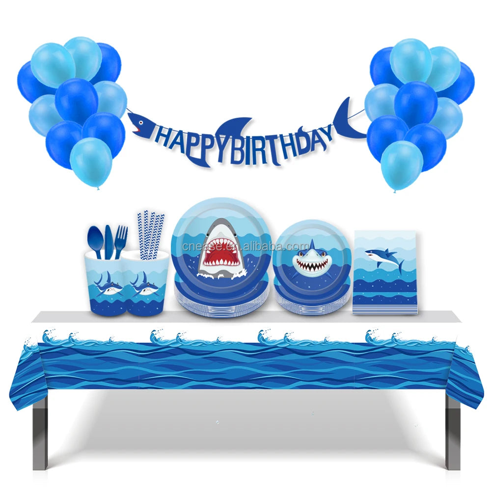 Huancai Shark Disposable Tableware Set Party Supplies Paper Plates Cups Napkins Tissues for Kids Birthday Party Decorations