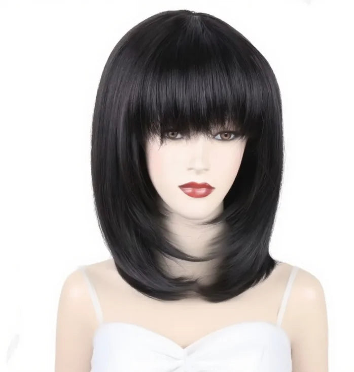 Black Bob Wig with Bangs Synthetic Hair Natural Straight Style High - Temperature Resistant Fiber Ideal for Women's Fashion