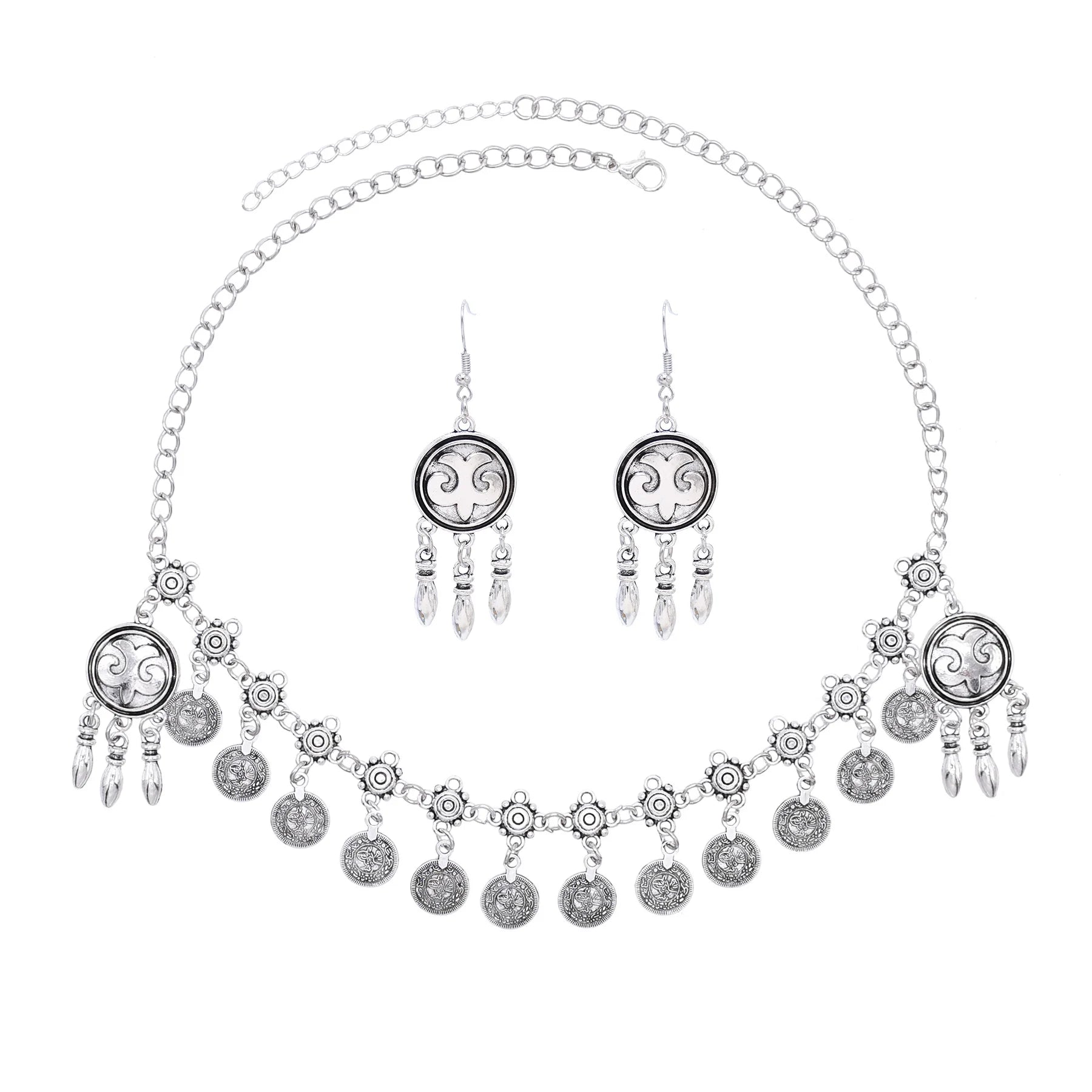 Maang Tikka Women Silver Coins Ball Tassel Belly Dance Head Chain Earrings Set Costume Gypsy Turkey Jewelry Set