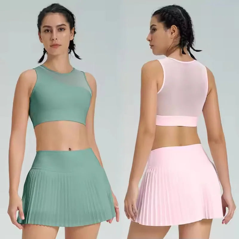 BNICE Best Sale Women Fitness Skirt Set Sheer Layer Tennis Skirt Inner Pocket Sports Skirt Sleeveless Custom Dress Print Logo