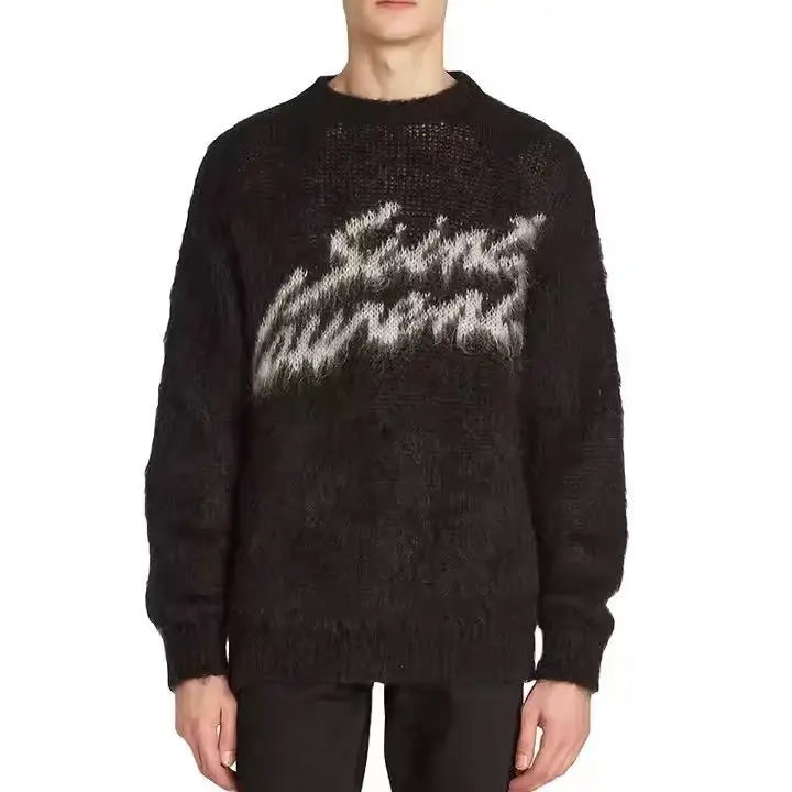 Custom Men's Mohair Fluffy Brushed Knit Sweater for Winter Anti-Wrinkle Logo on Front