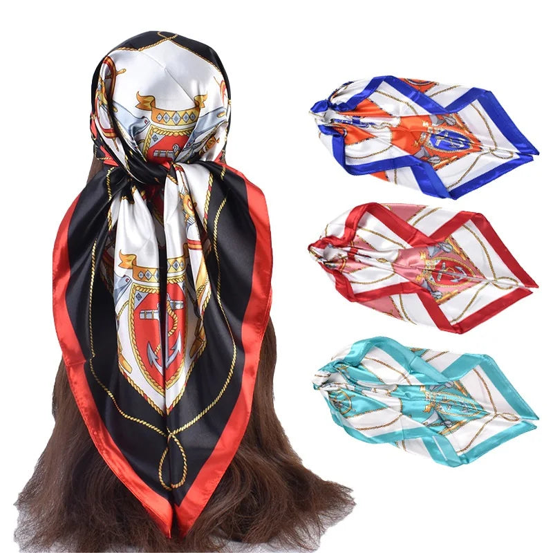 New Arrival Imitated Silk Satin 90cm square Silk Scarf Milk Silk Scarf Luxury Vintage Rudder Anchor Print Wholesale Shawl Kerchief