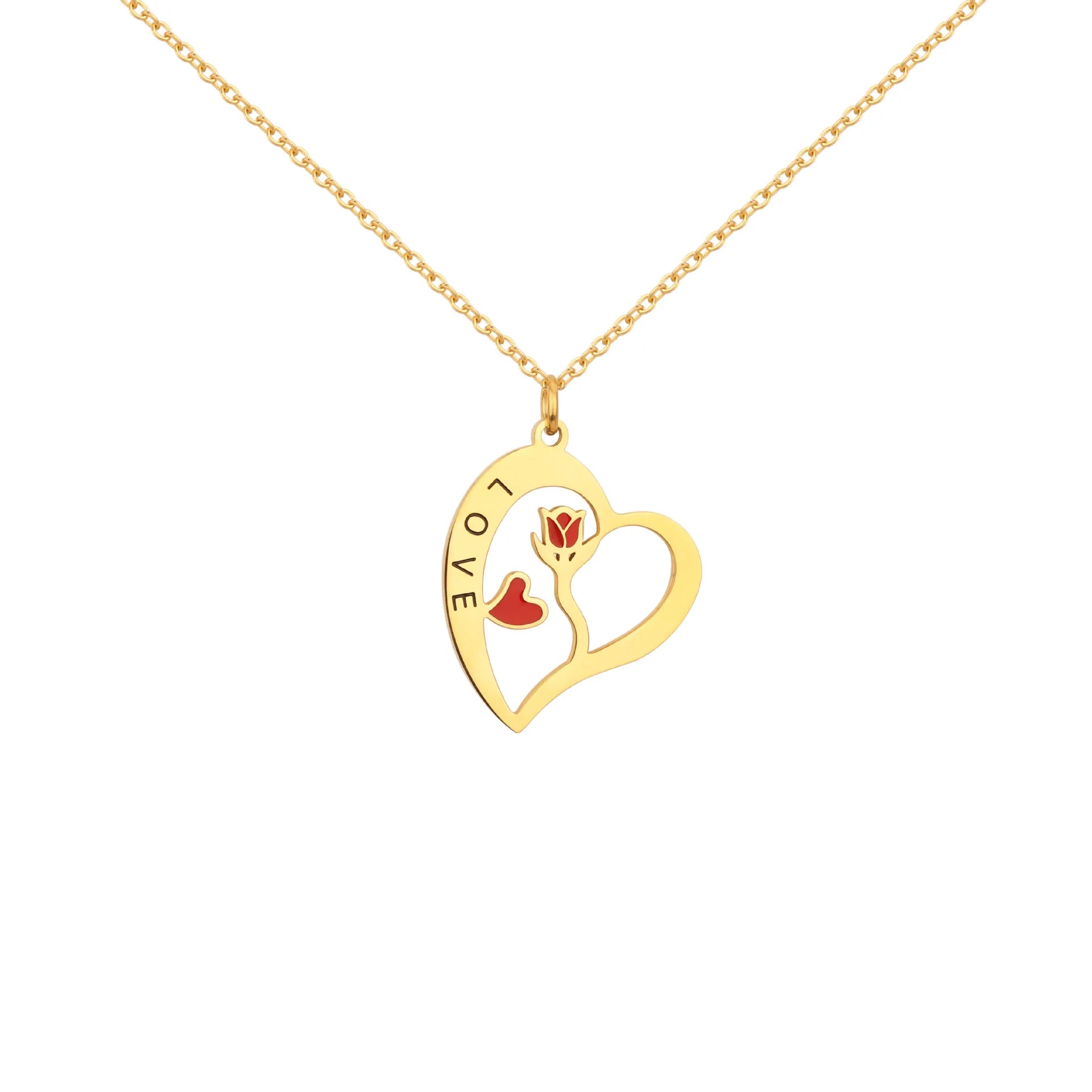 Fashion Jewelry 2025 18k Gold Plated Necklaces Delicate Heart Engraved Rose Flower Epoxy Necklace Women Valentine's Day Present