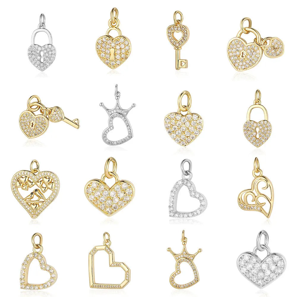 Beimai OEM Accessories Heart Lock Key Copper Zircon DIY Jewelry Pendant Charms for Jewelry Making