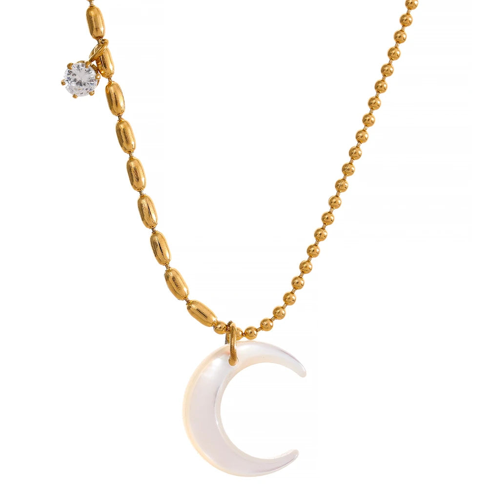 JINYOU 1343 Stainless Steel White Shell Moon Pendant Necklace Unique 18k Gold Plated Beads Chain Zircon Collar  Delicate Jewelry