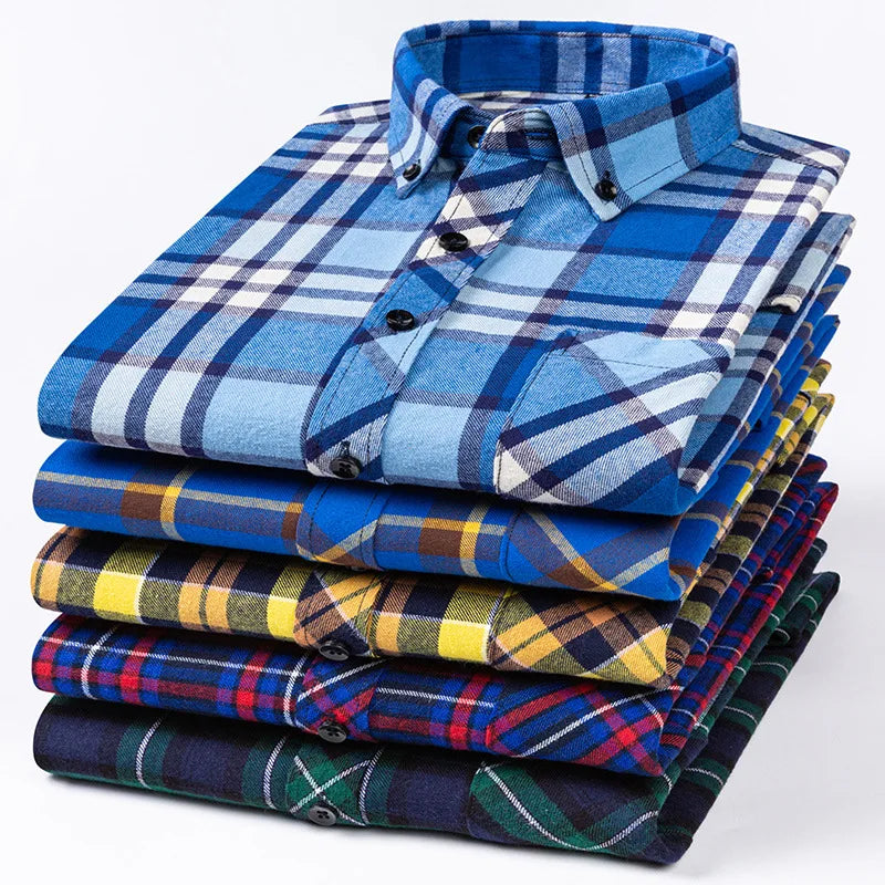 RNSHANGER Casual Plaid Shirts for Men's Long Sleeve Cotton Fashion Single Patch Pocket Design Standard-Fit Thick Flannel Shirt