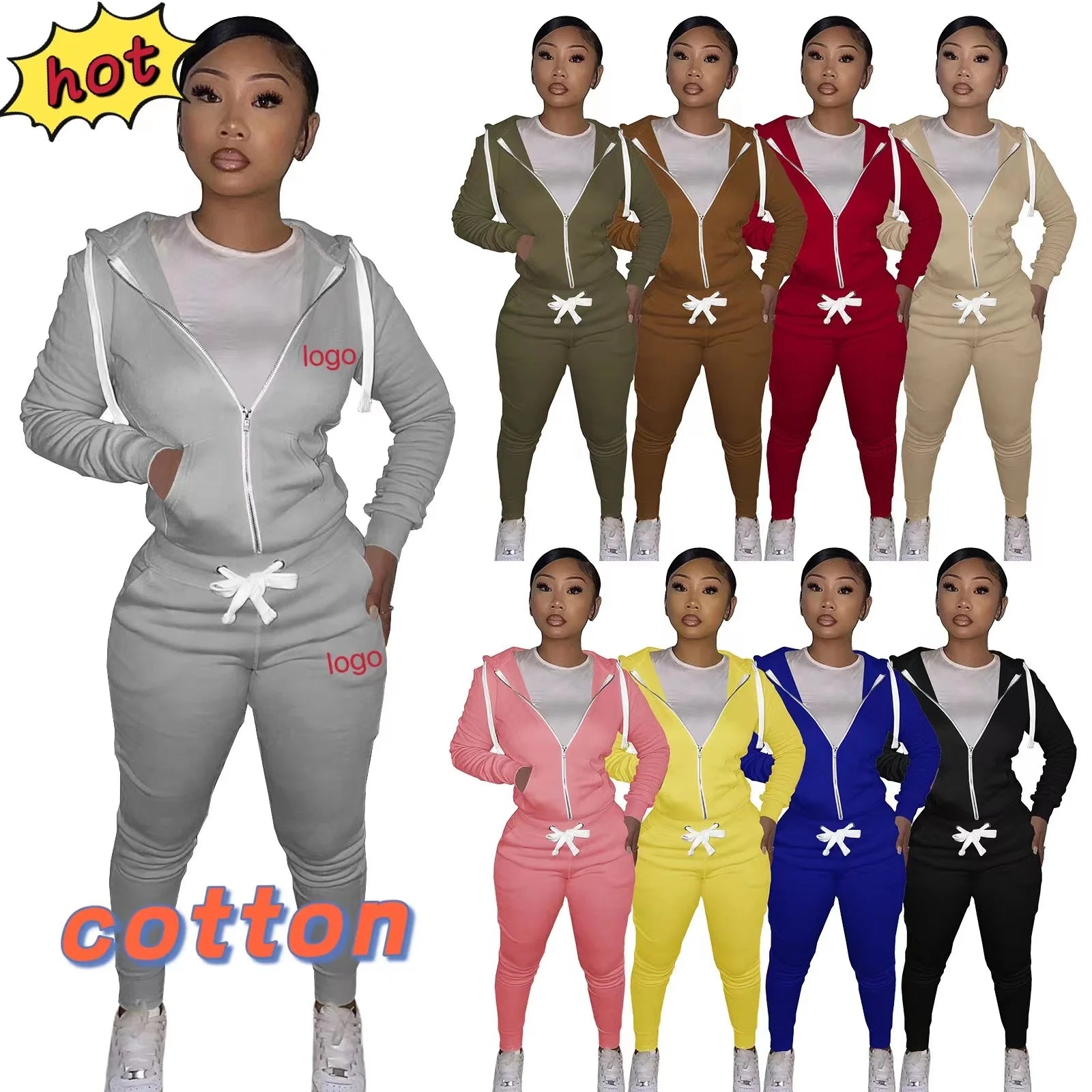 Fall New Cotton Women's Clothing Custom Logo 2pc Jogger Sets Long Sleeve Hoodie and Jogger Set Two Piece Casual Set