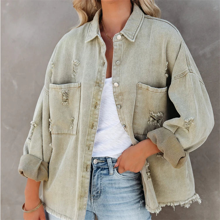 Autumn and Winter New Women's Quilted Woven Finished Denim Ripped Shirt Jacket with Long Sleeve Casual Design