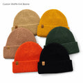 Custom Waffle Knit Beanie Cuffed Winter Hat Unisex Stretchy Beanie with Leather Patch Logo