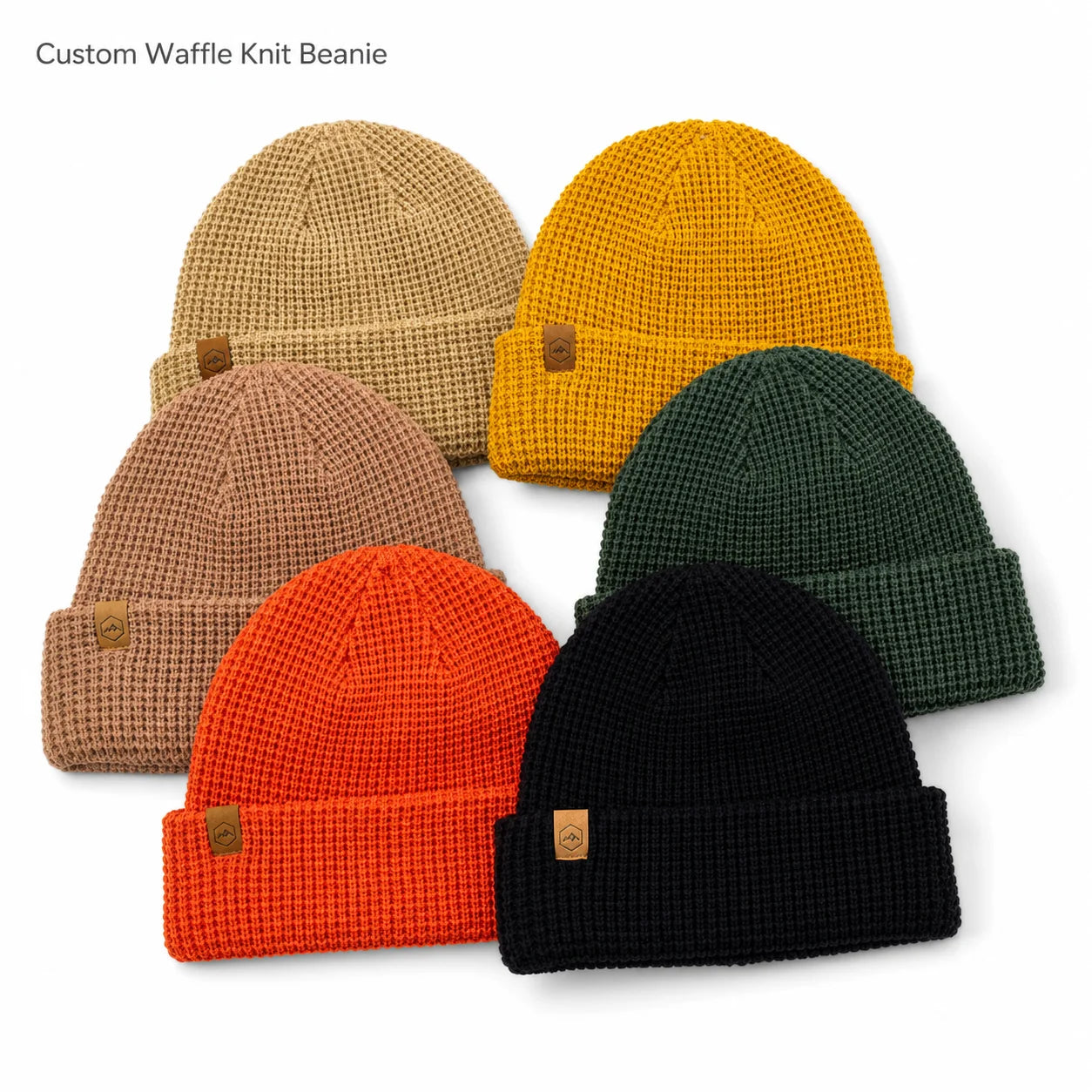 Custom Waffle Knit Beanie Cuffed Winter Hat Unisex Stretchy Beanie with Leather Patch Logo