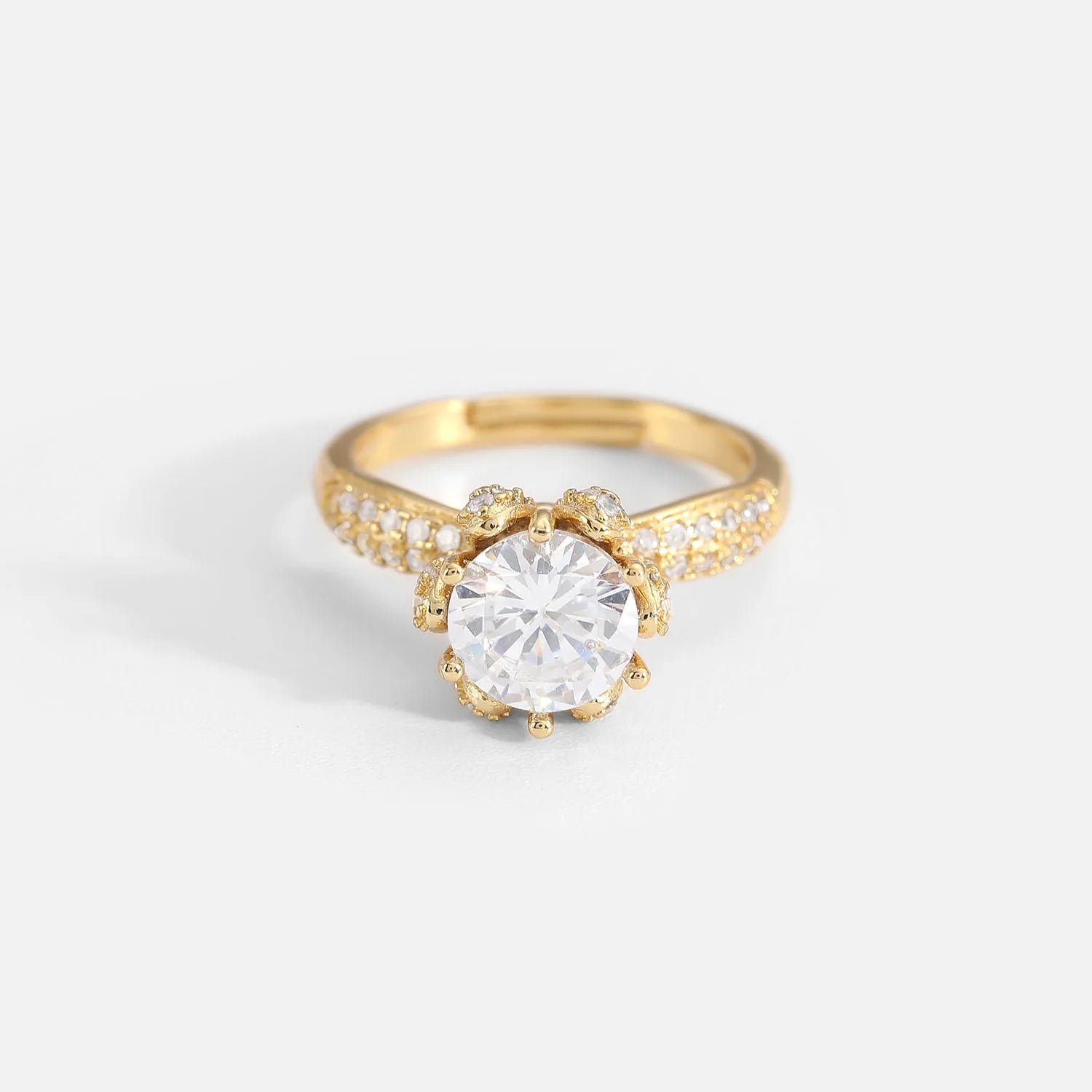 Brass With Zircon Jewelry 18K Real Gold Plated Copper Opening Flower Large Cubic Zircon Rings
