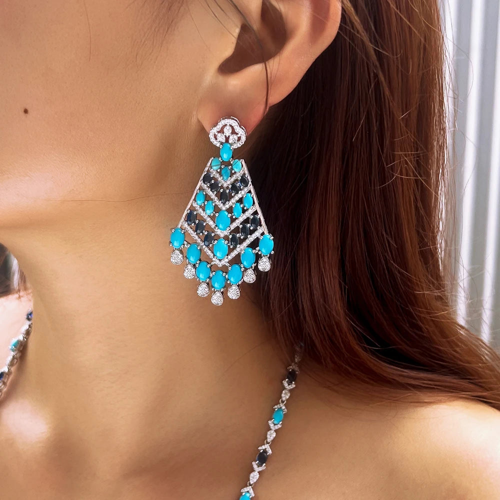 Extravagant Jewelry Party Accessories Blue Turquoise and Zircon Dangle Drop Long Chunky Big Earrings for Women
