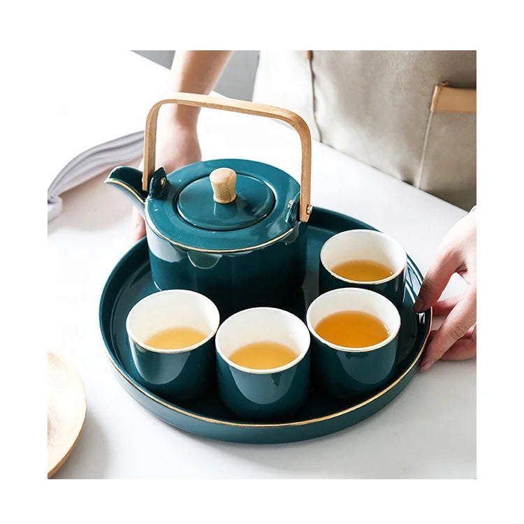 European Porcelain Afternoon Tea Cups Bamboo Handle Teapot Ceramic Tea Set with Tray