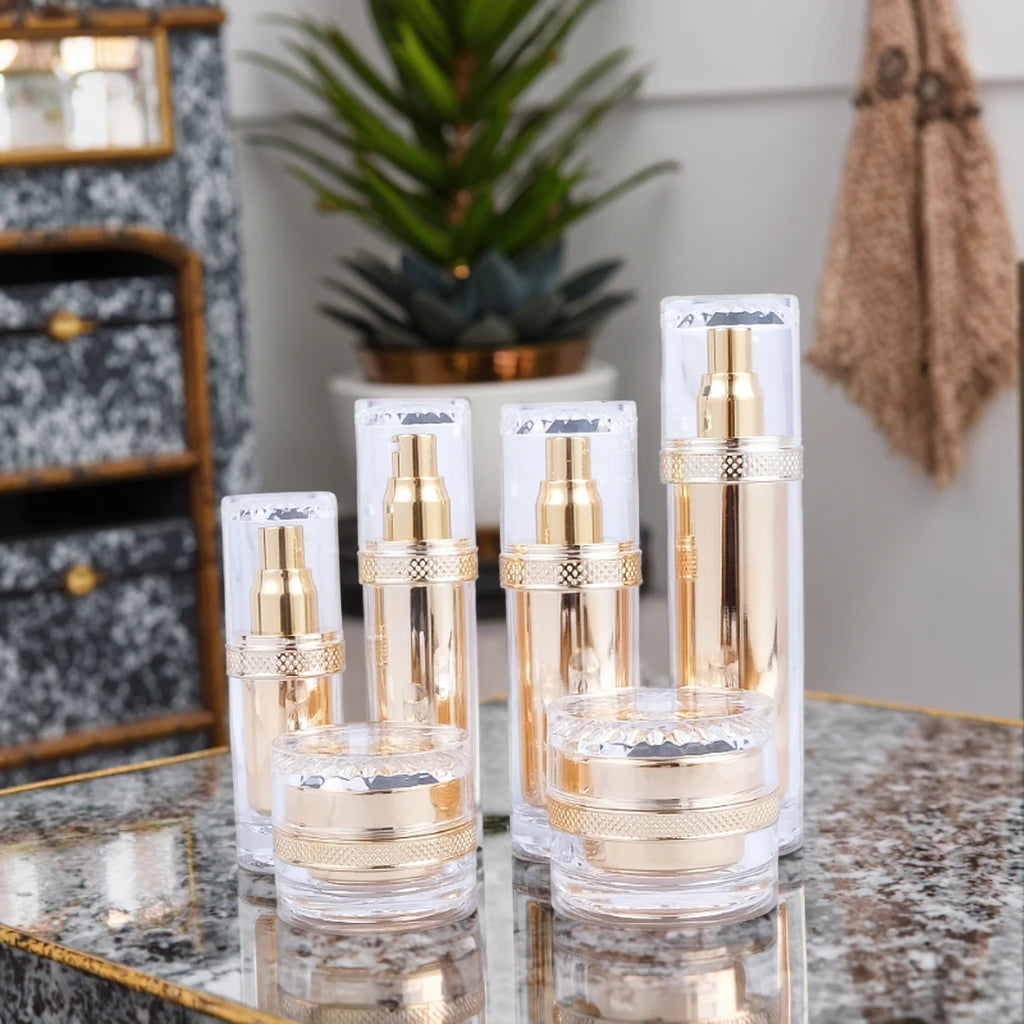 Gold Luxury 30ml-50ml Acrylic Cosmetic Container Eco-Friendly 50ml Capacity Skin Care Cream Plastic Bottle Set with Lotion Pump