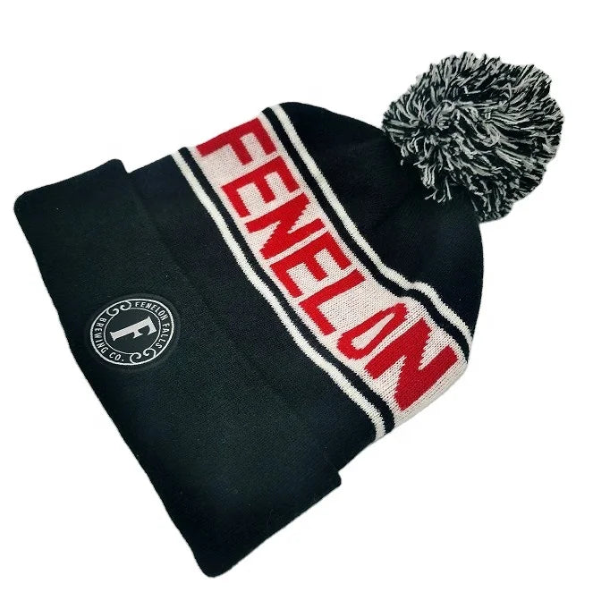 Fashional Cuffed Custom Winter Hats Toques Plain Jacquard Knit Pom Pom Beanies With Custom Embroidery