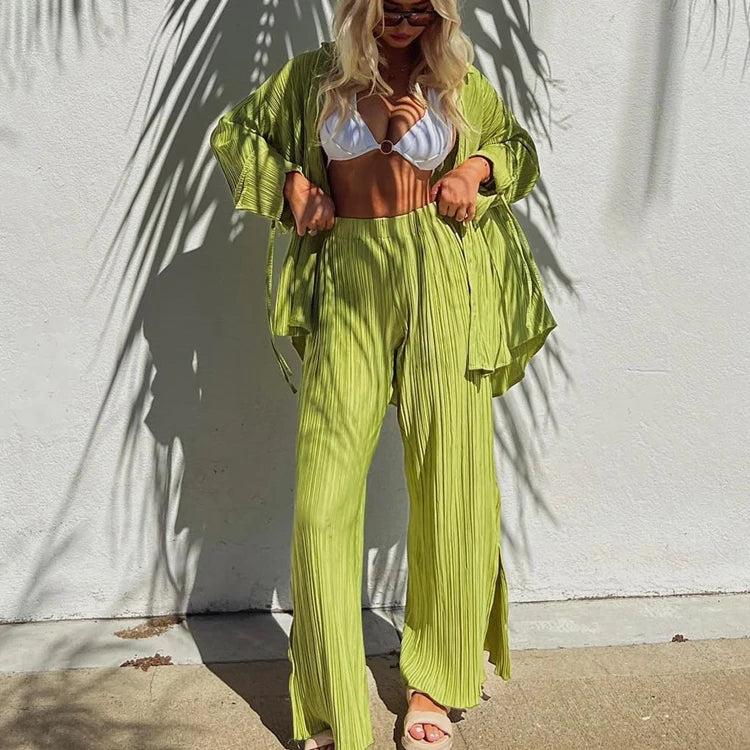 Wholesale Fashionable Women Sets Solid-Color Pleated Long-Sleeve Shirt and Pants Sets Casual Loungewear Sets