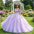 Lilac Ball Gown Short Sleeves Prom Dresses With Lace Beads Quinceanera Dress 6660