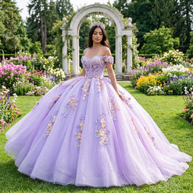 Lilac Ball Gown Short Sleeves Prom Dresses With Lace Beads Quinceanera Dress 6660