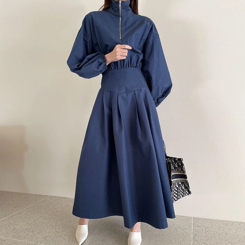 Wholesale 2026 Korean Spring Elegant Mock Neck Zipper Design Waist Fold Large Swing Bubble Sleeve Dress