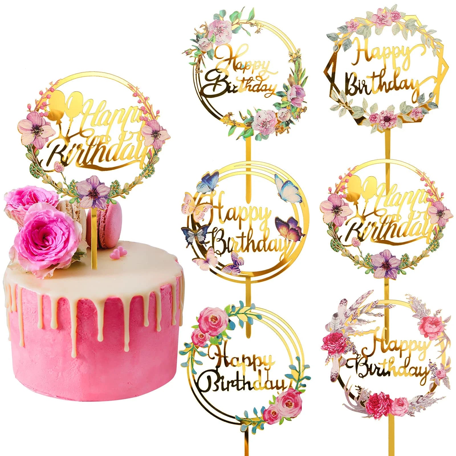 Exquisitely Flower Birthday Cake Topper Decoration Supplies Kids and Adults Happy Birthday Acrylic Glitter Gold Cake Topper