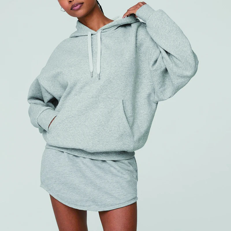 Custom Drawstring Essential High-Waist Skirt and Hoodie Set Long Sleeve Winter Sweatshirts Dress with Hooded Collar