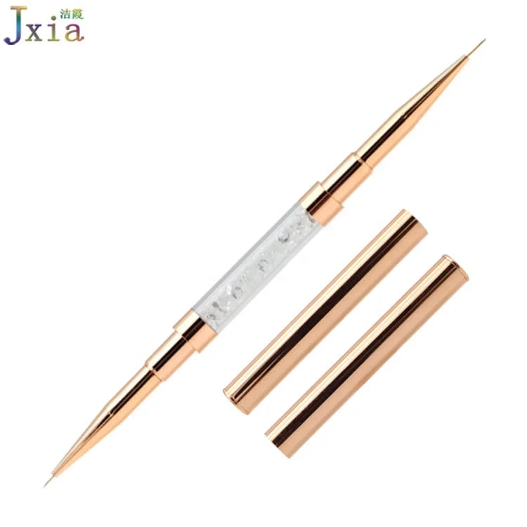 Rose Gold Metal Handle Clear Rhinestone  Double Use Manicure  Fine Line Drawing Tool Nail Art Dual Gel Liner Brushes