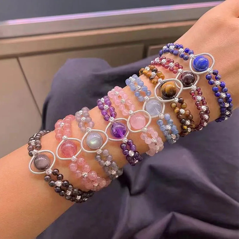 Fashion Elegant Multiple Handmade Bangle Natural Stone Gem Adjustable Beads Healing Chakra Bracelets for Women