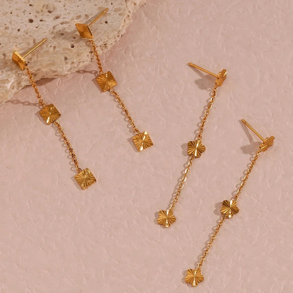 Dreamshow Dainty Sunburst Flower Chain Tassel Earring 18K Gold Plated Stainless Steel Stud Earring