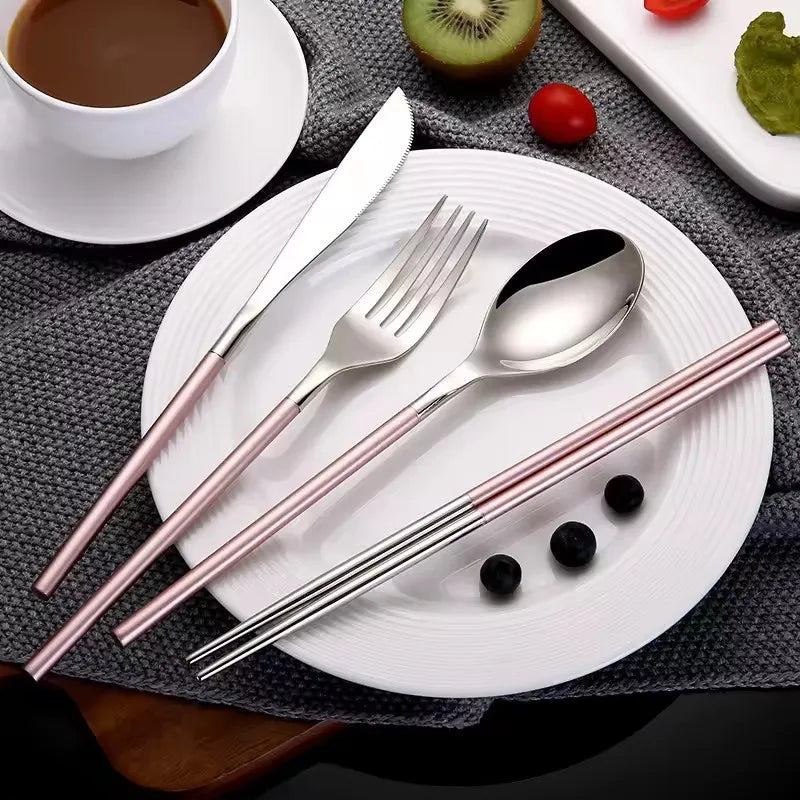Lovely Graceful Wedding Gift Pink Handle Stainless Steel Silver Chopsticks Spoon Knife Fork Set
