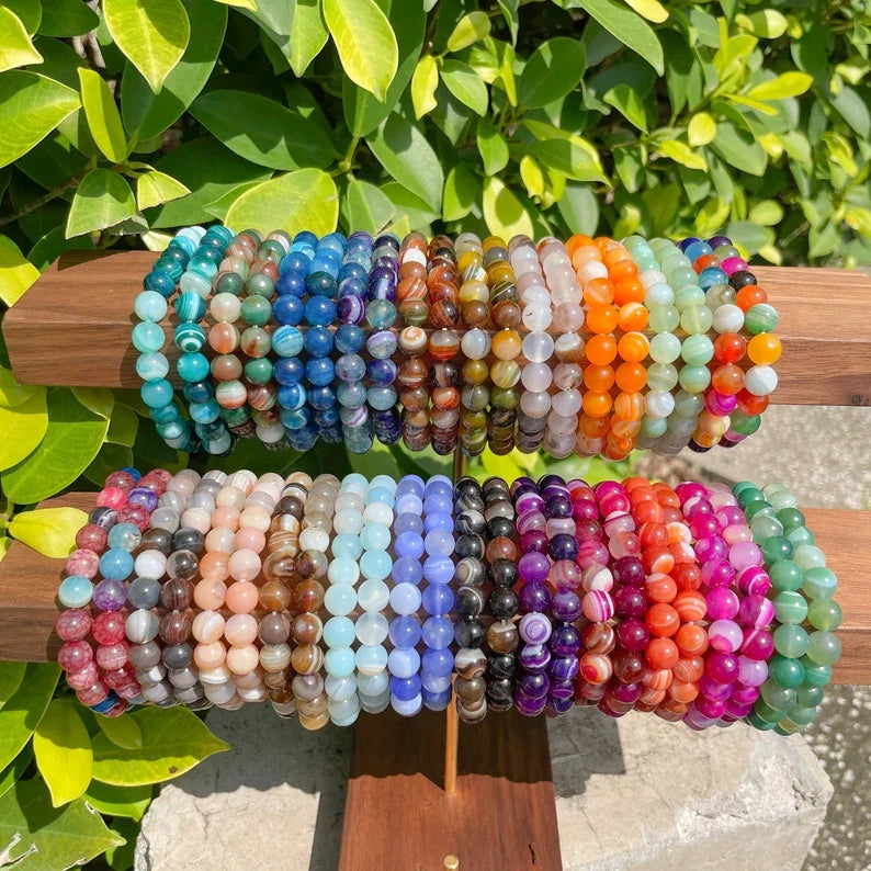 Healing Crystal Stripe Agate Onyx Woman Kids Natural  6 8 10mm Bead Men Summer Beads Elastic Fashion Jewelry Couple Bracelet
