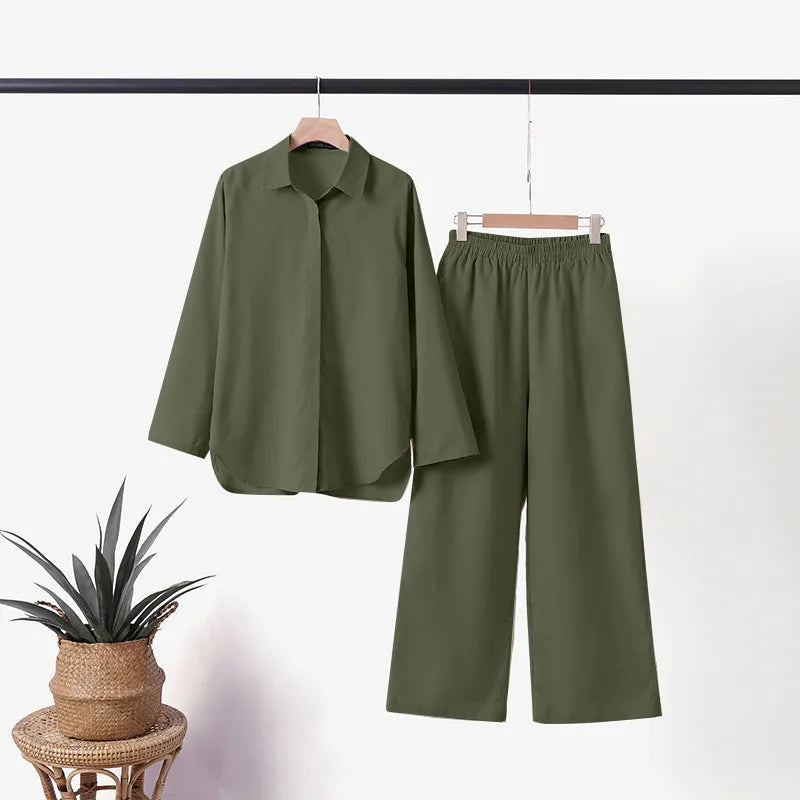 S-5XL Women's Two-piece Women's Lapel Long-sleeved Shirt Spring and Autumn Casual Solid Color Pants Wide Leg Suit