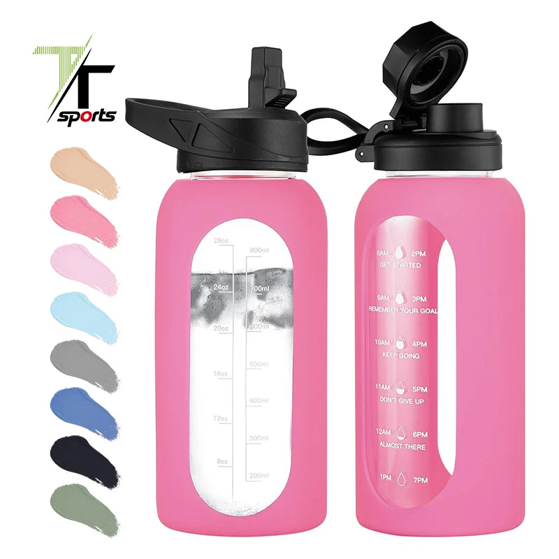 TTSPORTS High Boron Glue Glass With Time Scale and Silicone Protective Cover Sport Water Bottles