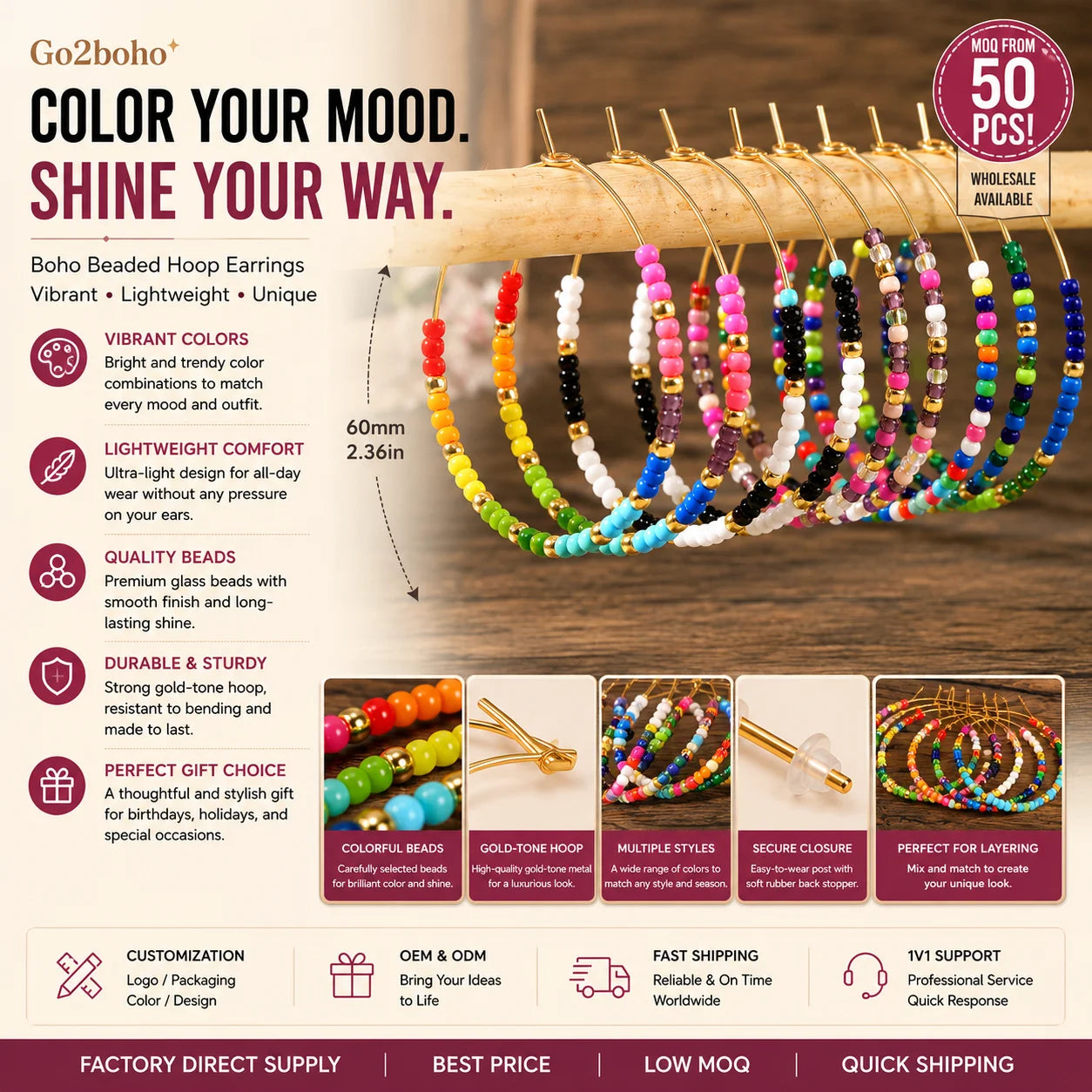 Go2boho Women's Multicolor Dainty Seed Beads Handmade Bohemian Style Summer Beach Trendy Fashion Jewelry Daily Hoop Earrings