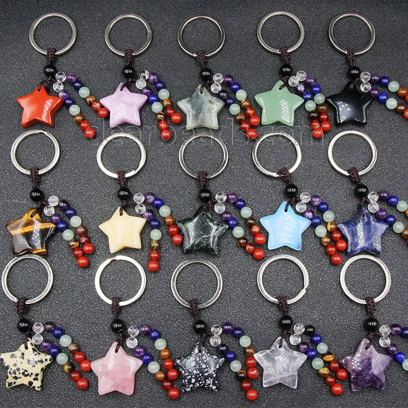 Wholesale Natural Star Chakras Stone Charm Key Chain Gem Rainbow Chakra Crystal Key Rings Keychains Healing Crystals