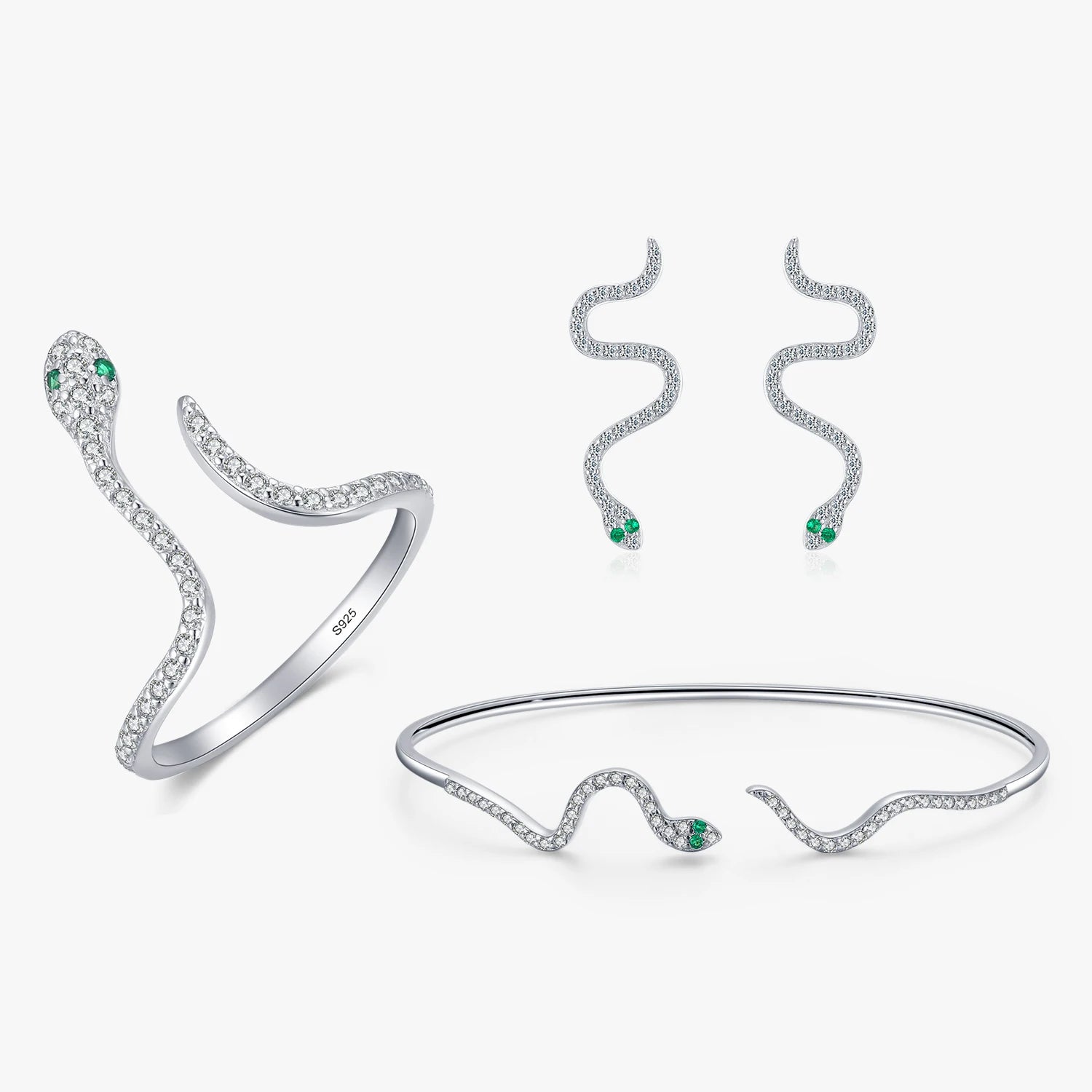925 Sterling Silver Punk Fashion  Exquisite Clear CZ Snake Adjustable Rings Bangle Earrings for Women Fine Jewelry Sets