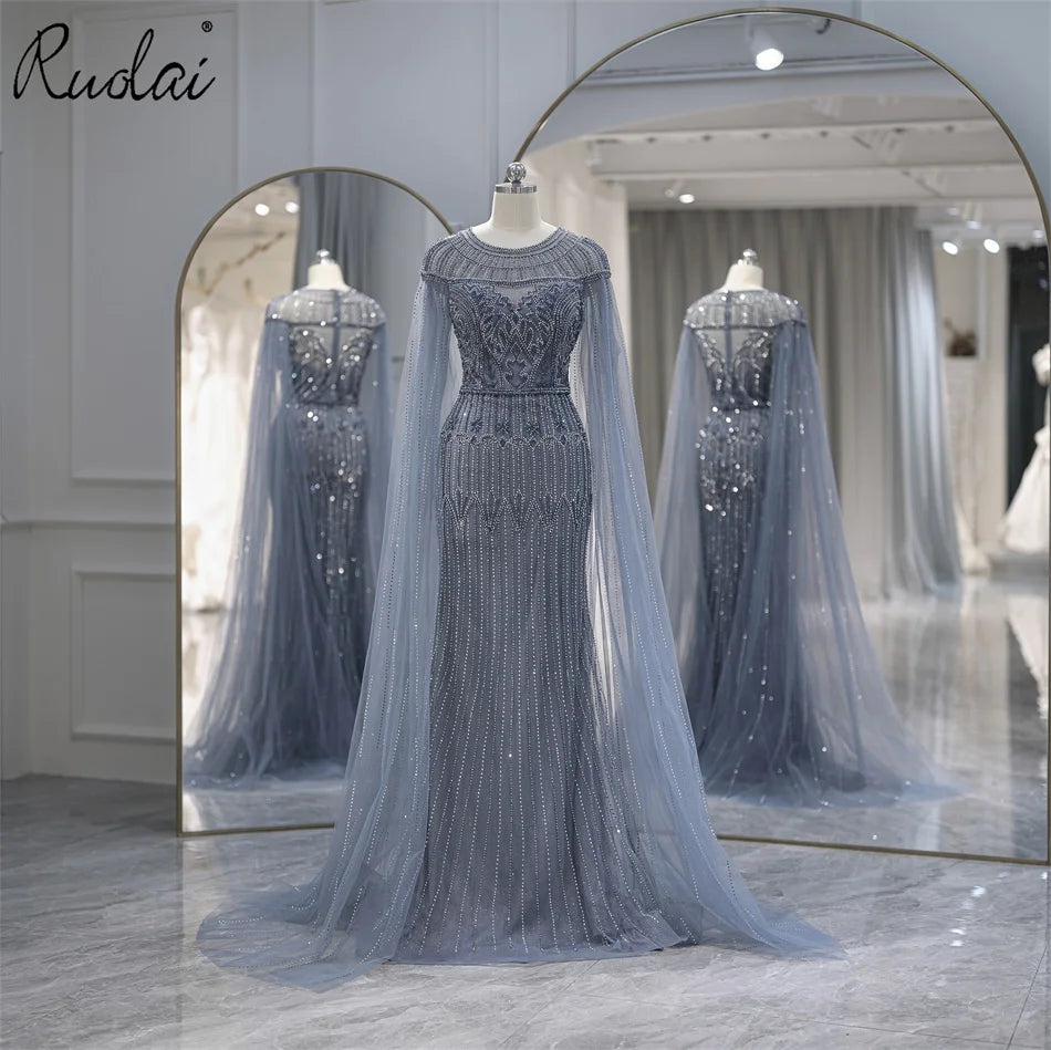 Ruolai LWC8133 Elegant O-neckline Shawl Cap Sleeve Mermaid Evening Dress Crystal Beaded Luxury Evening Gown Dress