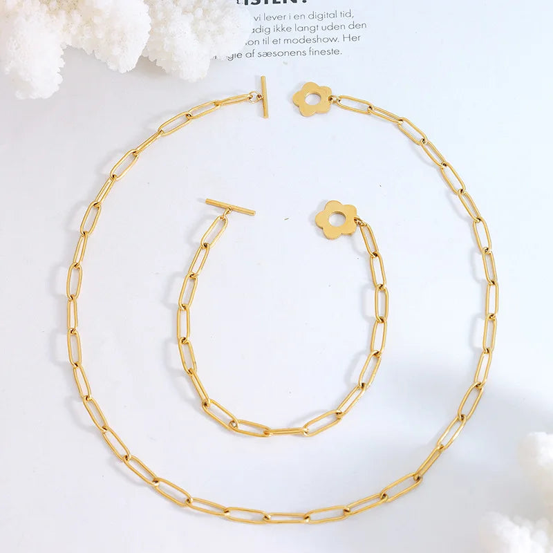Hot Selling Ot Button Personality Thick Chain Necklace Simple Bracelet Two Piece Jewelry Set Collier Acier Inoxydable Bijoux