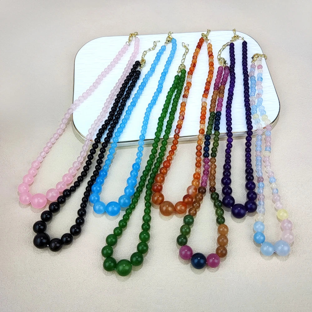 Healing Crystal Natural Stone Beads Tiger Eye Lapis Lazuli Black Agate Tower Chain Graduated Necklace Tourmaline Jewelry Women