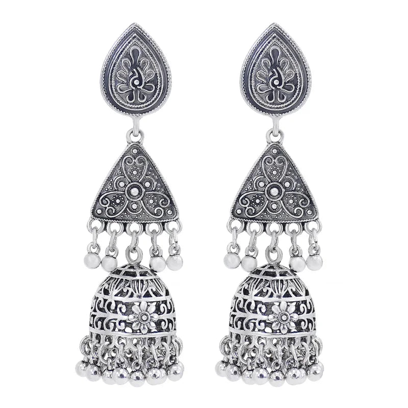 Bohemian Bollywood Jewellery Ethnic Silver Afghan Tassel Bell Earrings Flower Jhumka Indian Earrings