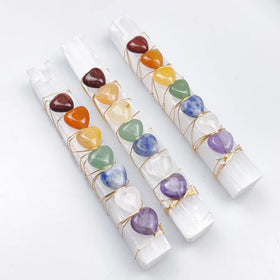 Natural 7-Chakra Love Heart Healing Selenite Wand Wire Wrapped Crystal Stick with Mosaic Technique Selenite Crystal From Earth