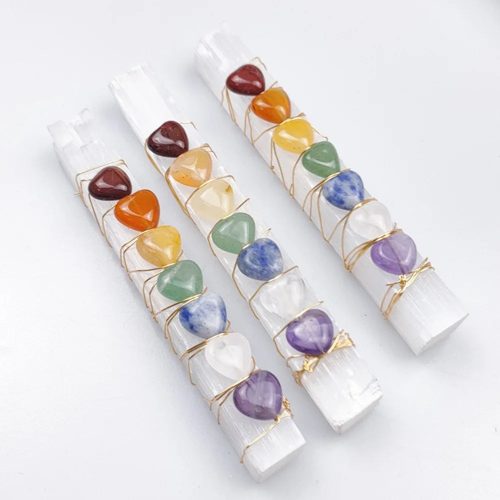 Natural 7-Chakra Love Heart Healing Selenite Wand Wire Wrapped Crystal Stick with Mosaic Technique Selenite Crystal From Earth