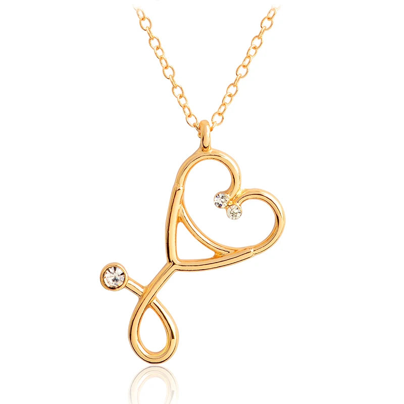 Stethoscope Pendant Trendy Custom Heart Chain Zinc Alloy 18K Gold Plated Necklace Gift Doctors Nurse Graduation Present