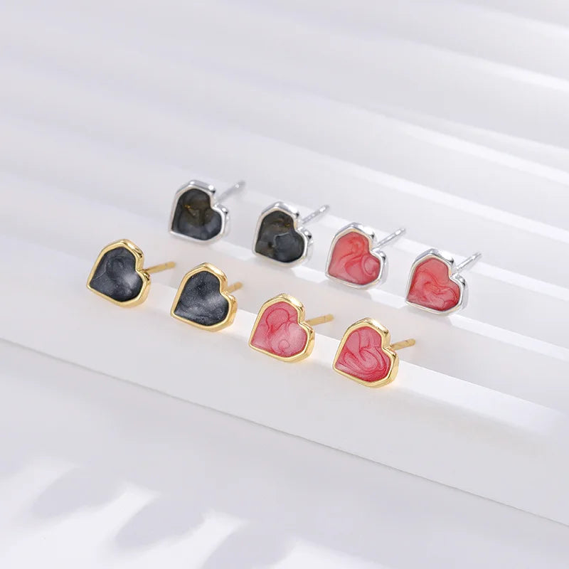 S925 Silver Oil Drop Earrings Sweet Cute Heart Shape Pink Black Enamel 925 Sterling Silver Earrings Jewelry for Women