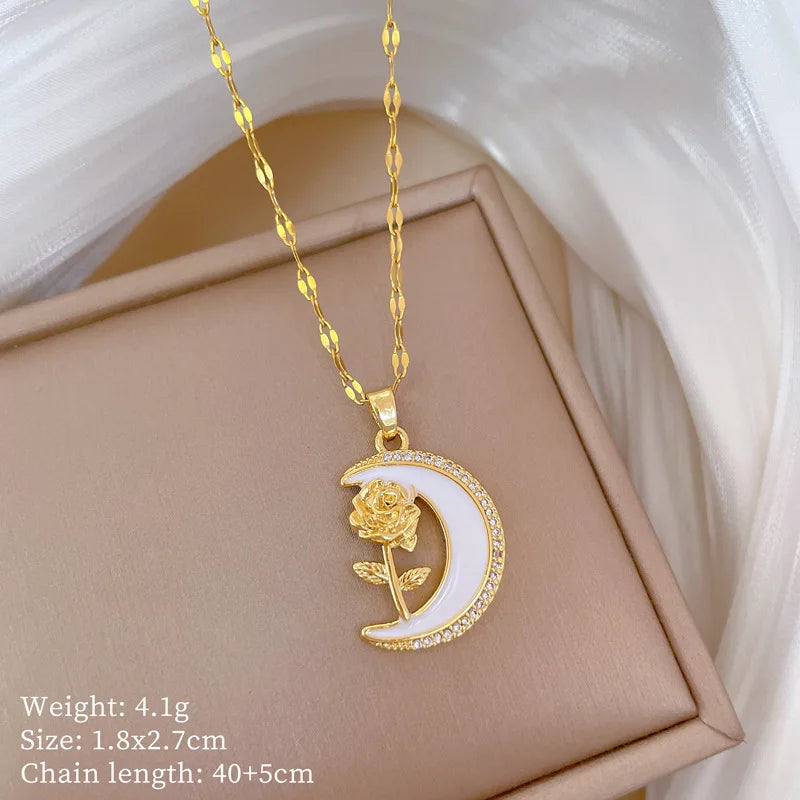 Moon Rose Luxury Temperament Gorgeous Full Diamond Necklace Gold Plated Non Tarnish Stainless Steel Chain Necklace